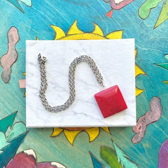 Red Marble Stone Square Pendant on Silver Chain Necklace - Picture 2 of 6
